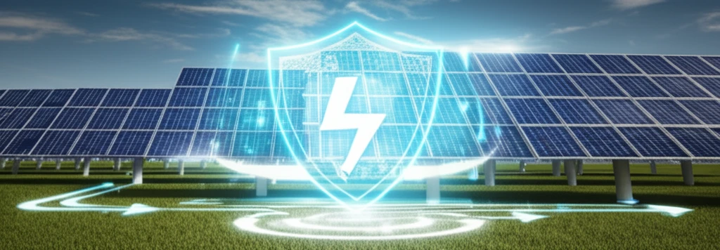 Surreal illustration of solar panel array connected to power grid with bidirectional energy flow protection.