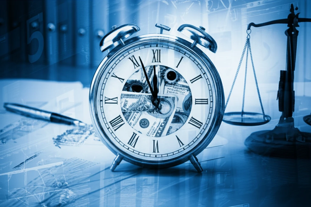 A ticking clock with money in gears, illustrating the concept of delayed payment compensation.