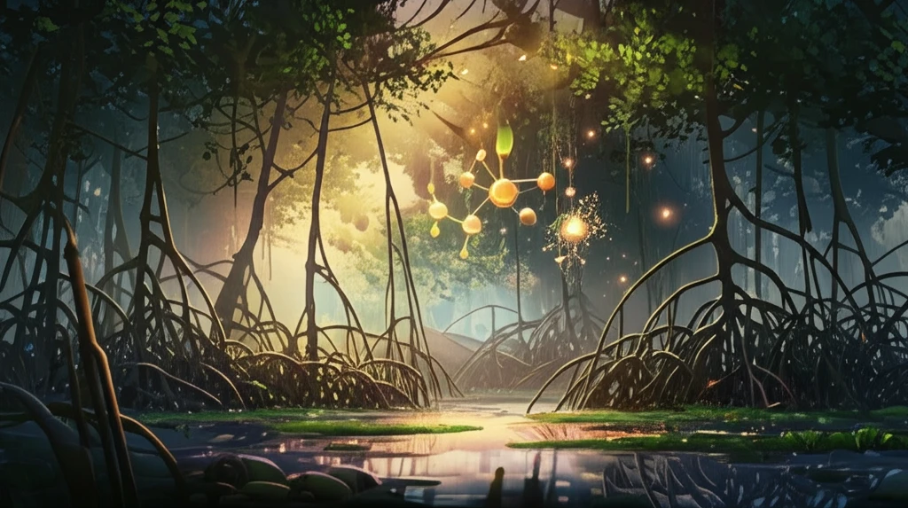 Mangrove roots with molecular structures, symbolizing health benefits.