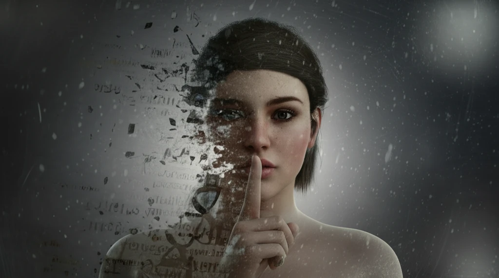 A woman's face fading into legal text.