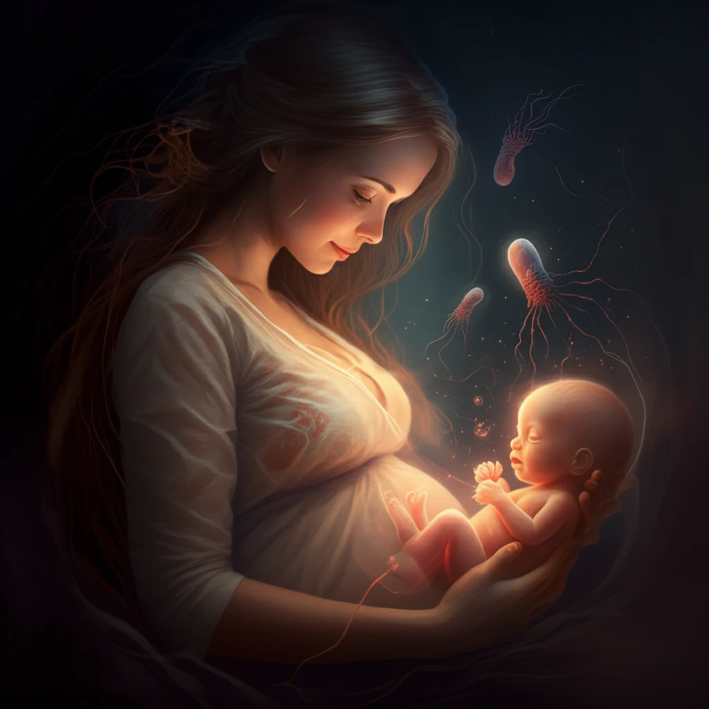 Surreal image of a mother protecting her newborn from Chagas disease.
