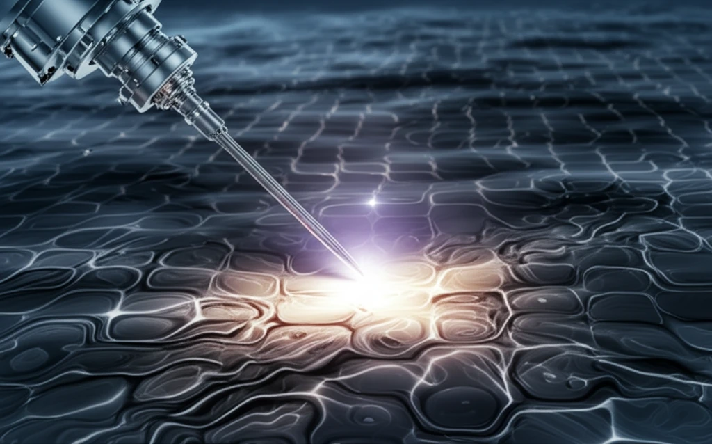 Surreal illustration of nanoindentation process revealing material properties.
