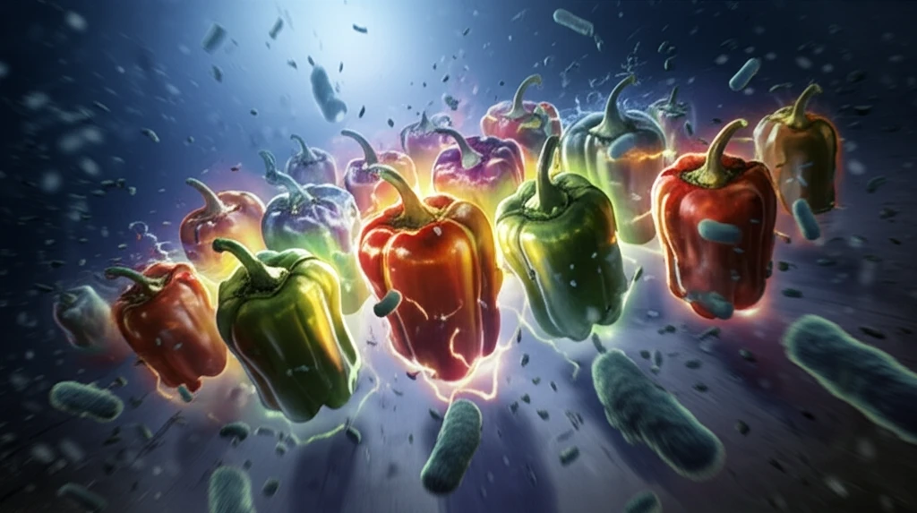 Surreal illustration of colorful peppers glowing with antibacterial energy.
