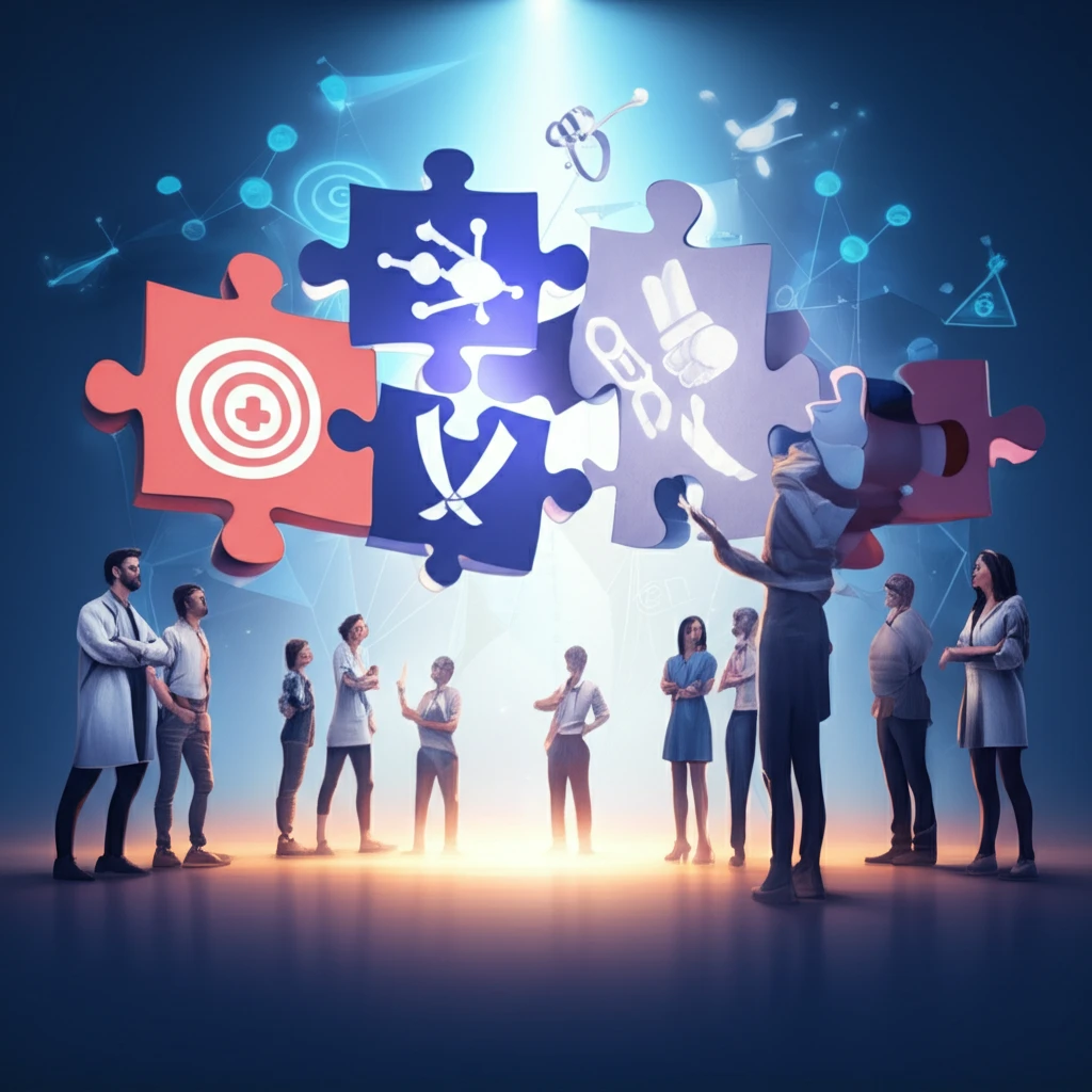 Healthcare professionals collaborating on a complex puzzle, symbolizing contextual leadership.