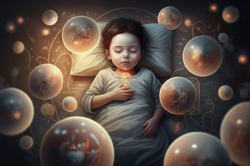 Protective healthcare orbs surrounding a peacefully sleeping child, symbolizing retropharyngeal abscess awareness.