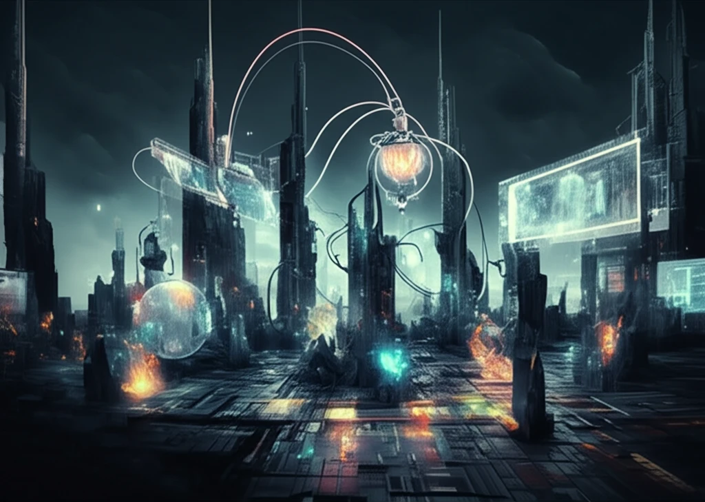 Futuristic cityscape illuminated by vibrant rare earth minerals, showcasing display screens and medical sensors.