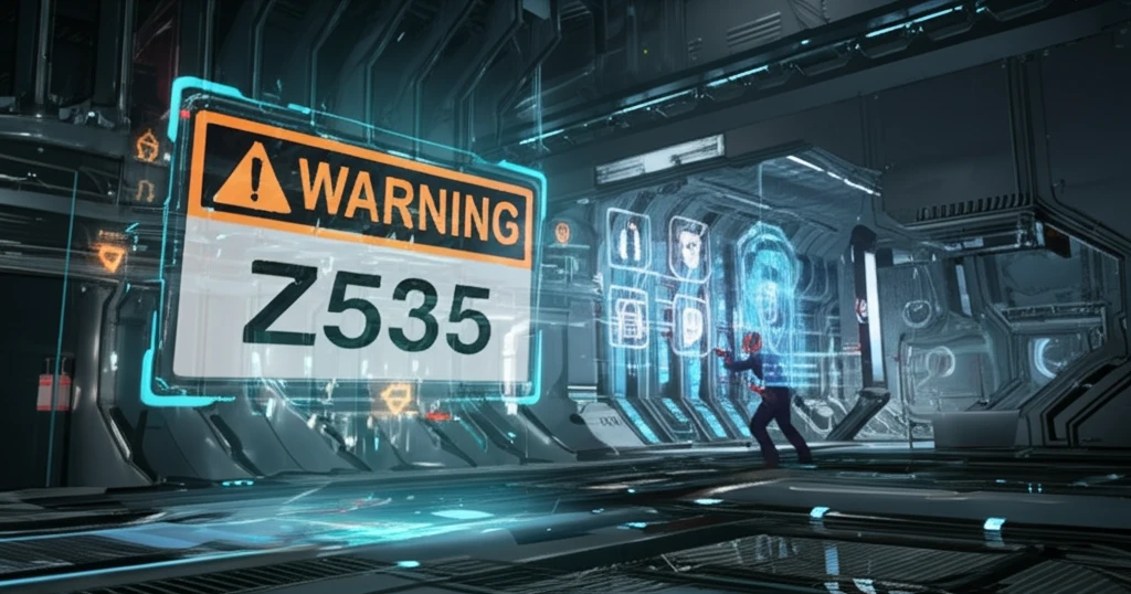 Futuristic safety scene with a glowing ANSI Z535 warning label.