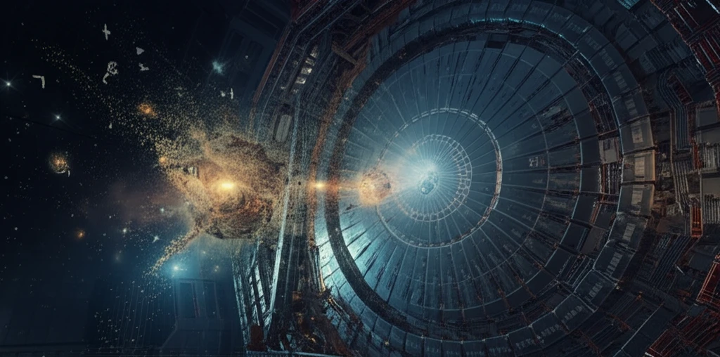 A surreal illustration of particles colliding in the ATLAS detector, symbolizing higgsinos and supersymmetry.