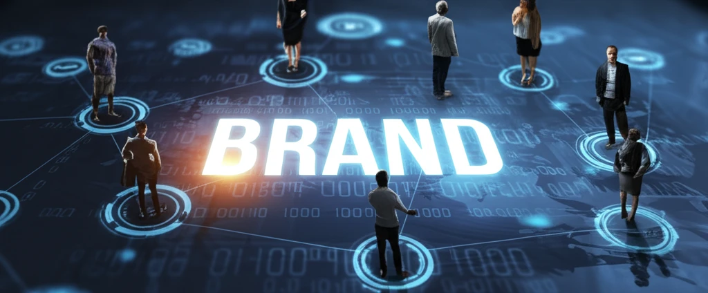 Diverse group connected to a brand logo representing responsibility and activity.