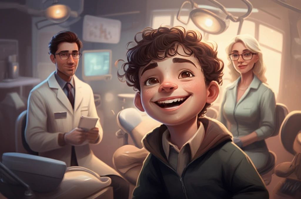 A child confidently smiling with braces, supported by parents and an orthodontist.