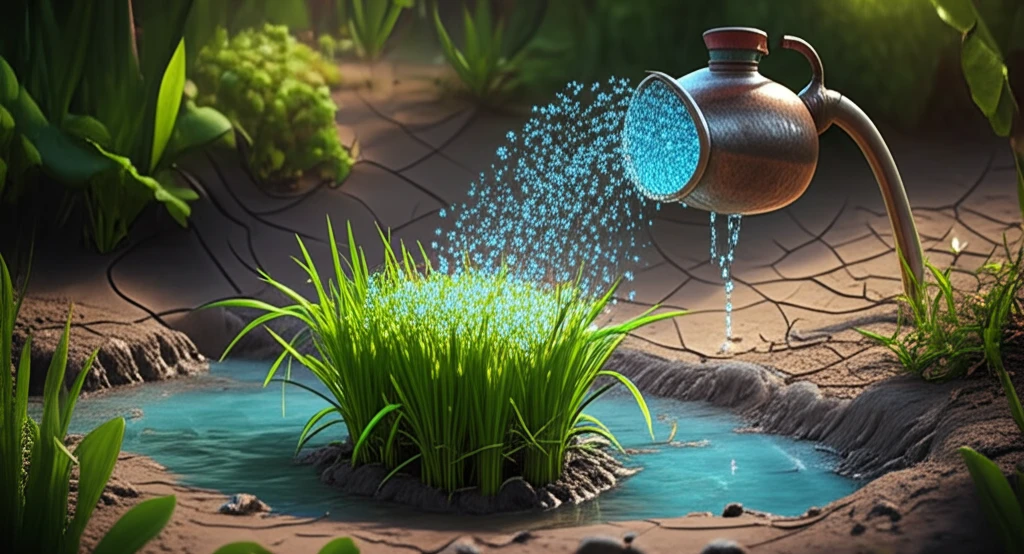 Rice plants nourished by glowing hydrogen-rich water, with a garden scene in the backdrop.