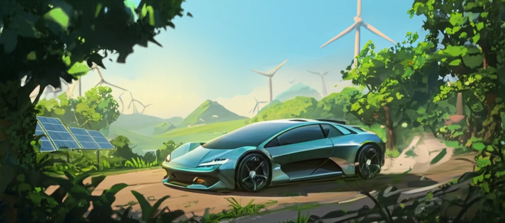 Futuristic electric car merging with nature, powered by clean energy.