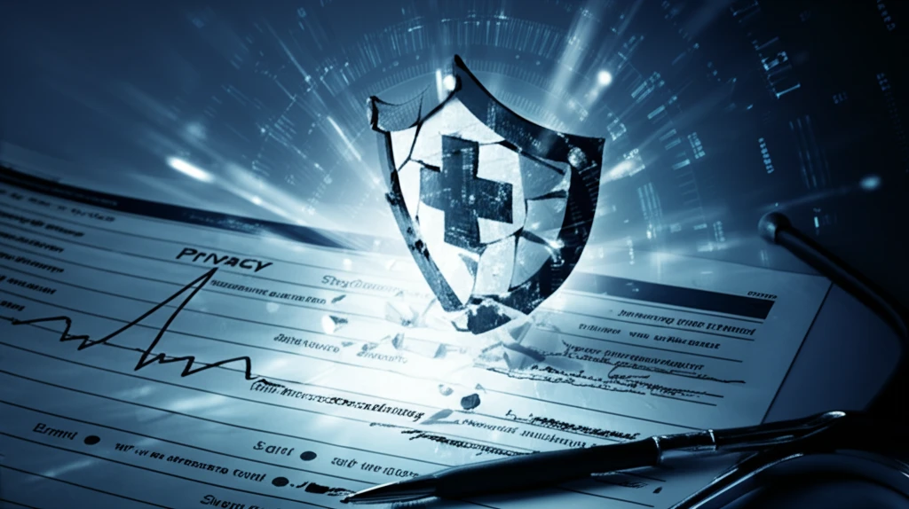 Shattered shield over a medical chart symbolizing data breach.
