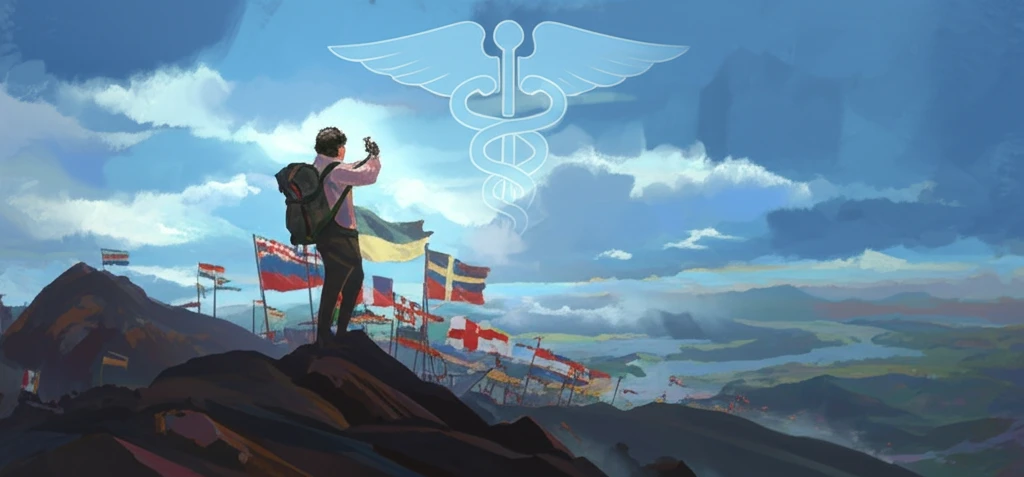 Traveler overlooking a diverse landscape with medical awareness.