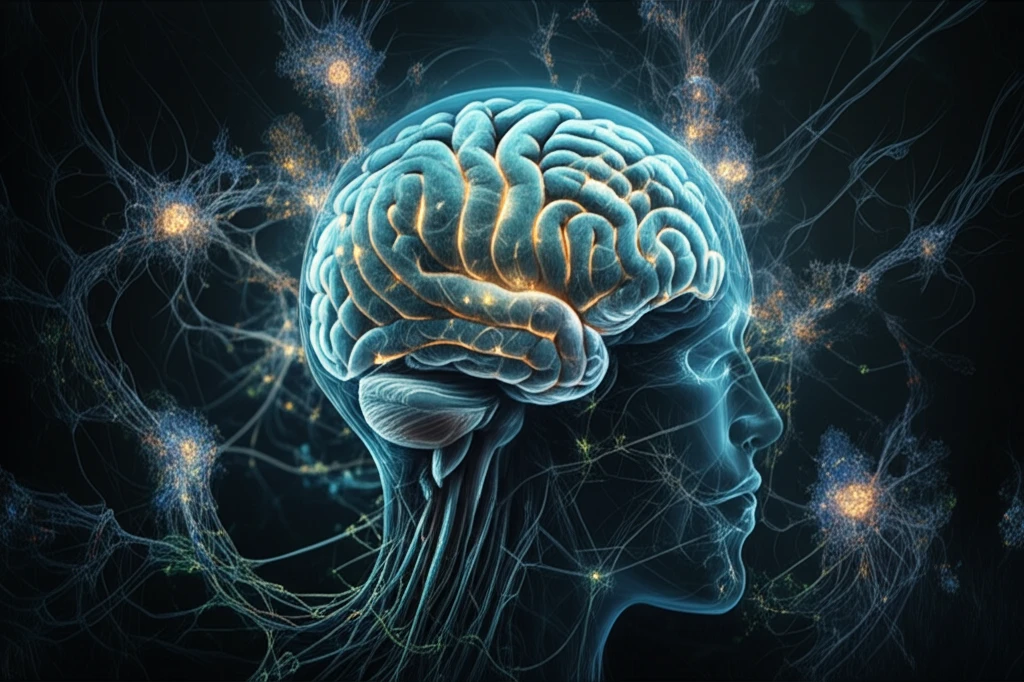 Surreal illustration of a brain with glowing RXR receptors and intertwining vines, symbolizing neuronal health and growth.