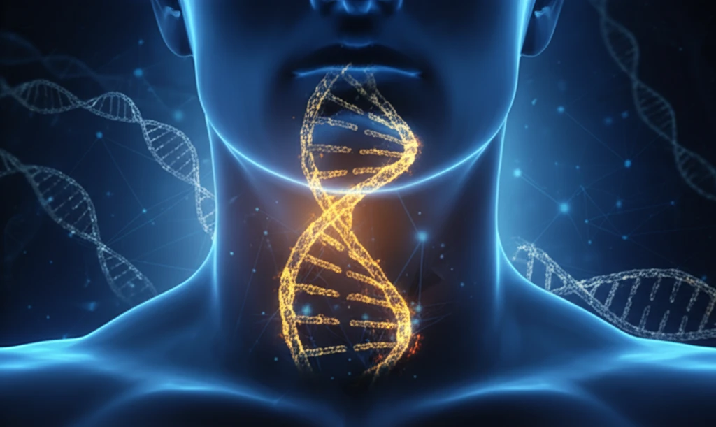 Glowing RNA strands intertwined in a human throat, representing the circRNA network in cancer research.