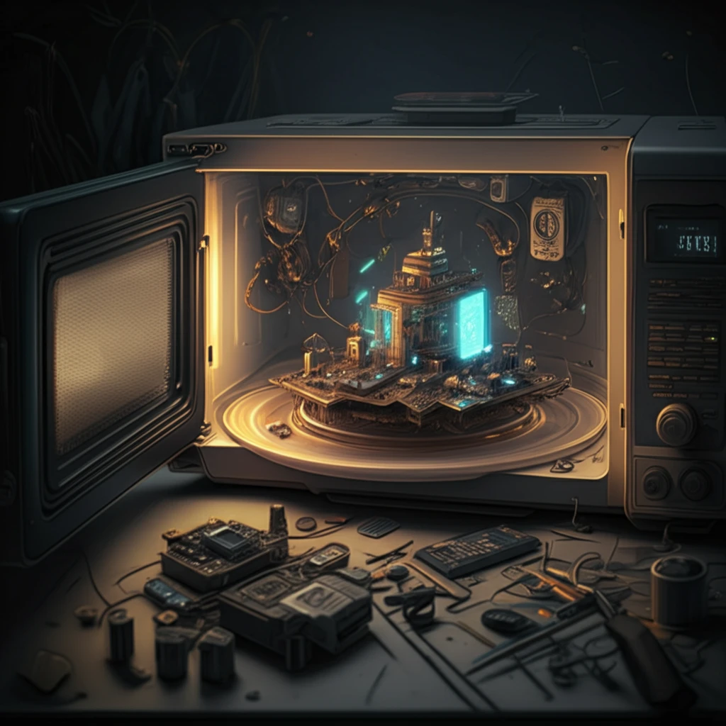 Miniature city within a microwave filter representing the future of wireless technology.