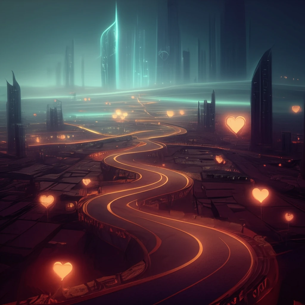 Futuristic cityscape with glowing hearts, symbolizing advanced heart health and cholesterol management.