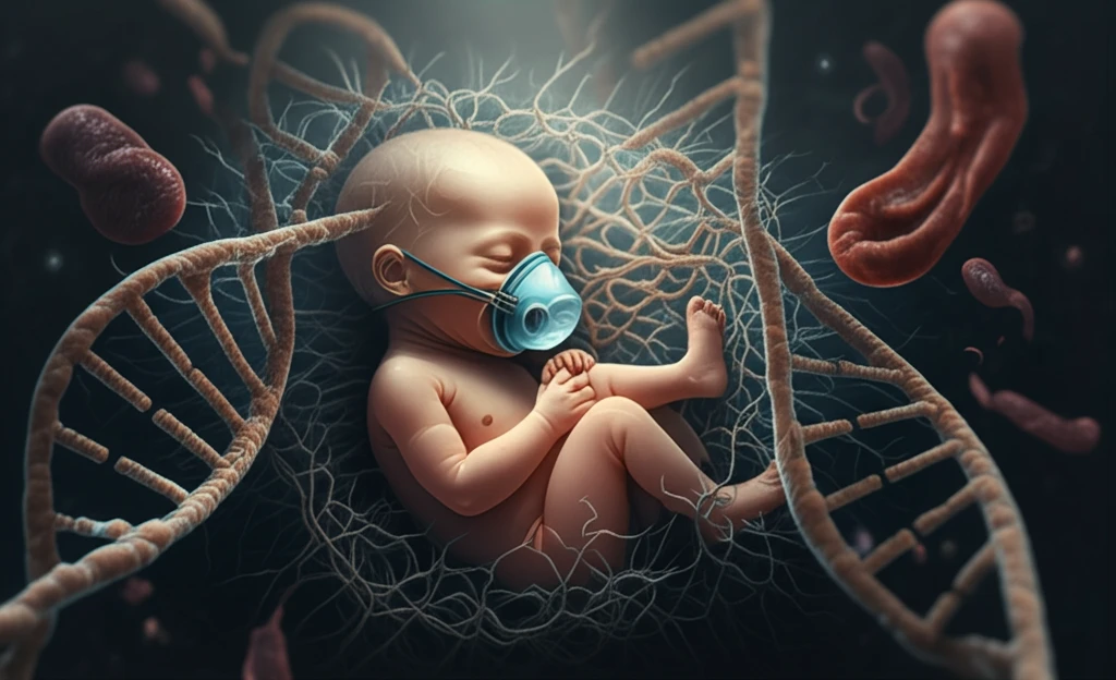 Surreal image of a newborn surrounded by DNA, representing genetic disorders and infant health.