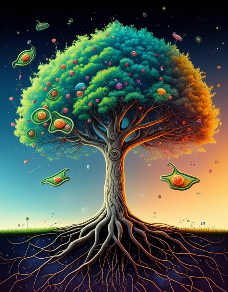 Surreal illustration of a cellular tree representing longevity.