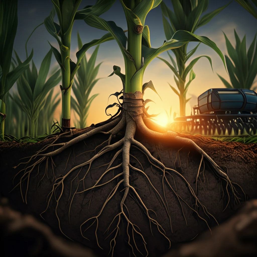 Lush maize field with healthy soil and farming equipment.