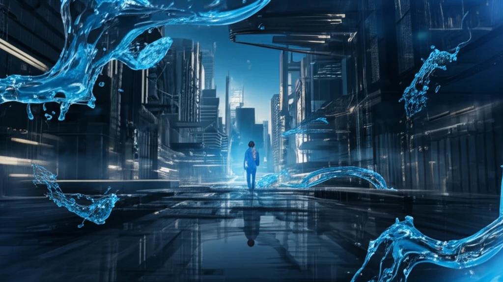 Adaptive fluid simulation in a futuristic city landscape.