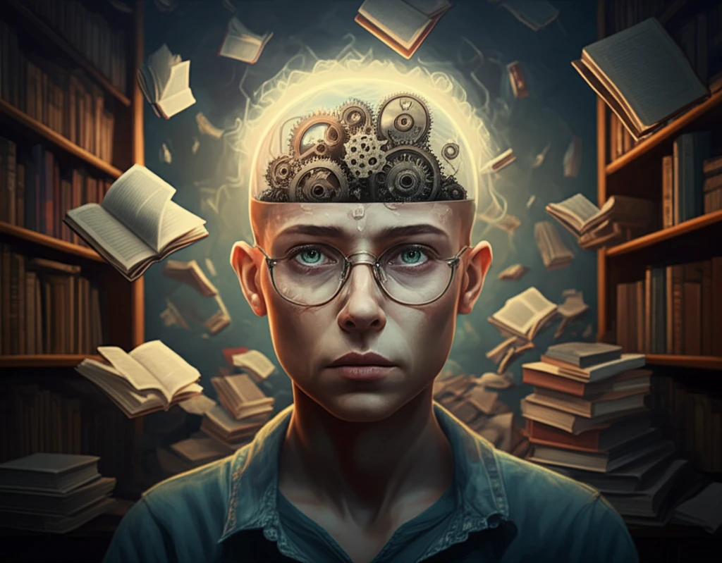 Surreal illustration of interconnected gears inside a head, symbolizing metacognition and memory.