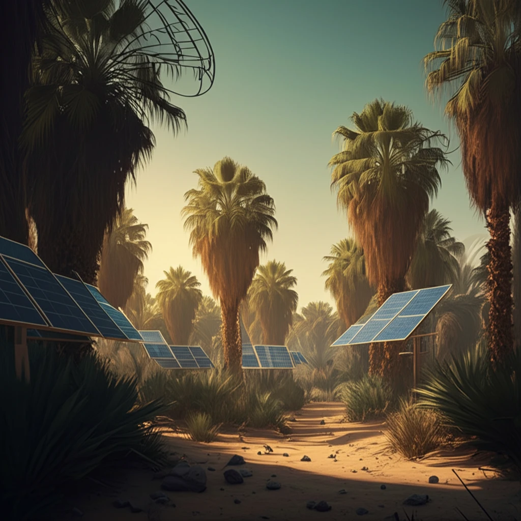 Doum palm oasis with solar panels, symbolizing renewable energy.