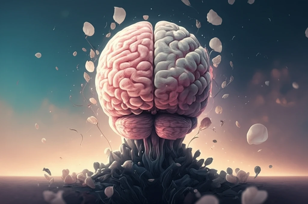 A glowing brain protected by white rose petals, symbolizing neuroprotection.