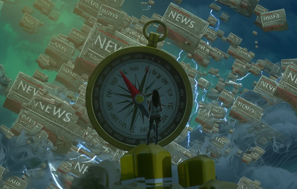 Person navigating a storm of news articles while holding a compass.