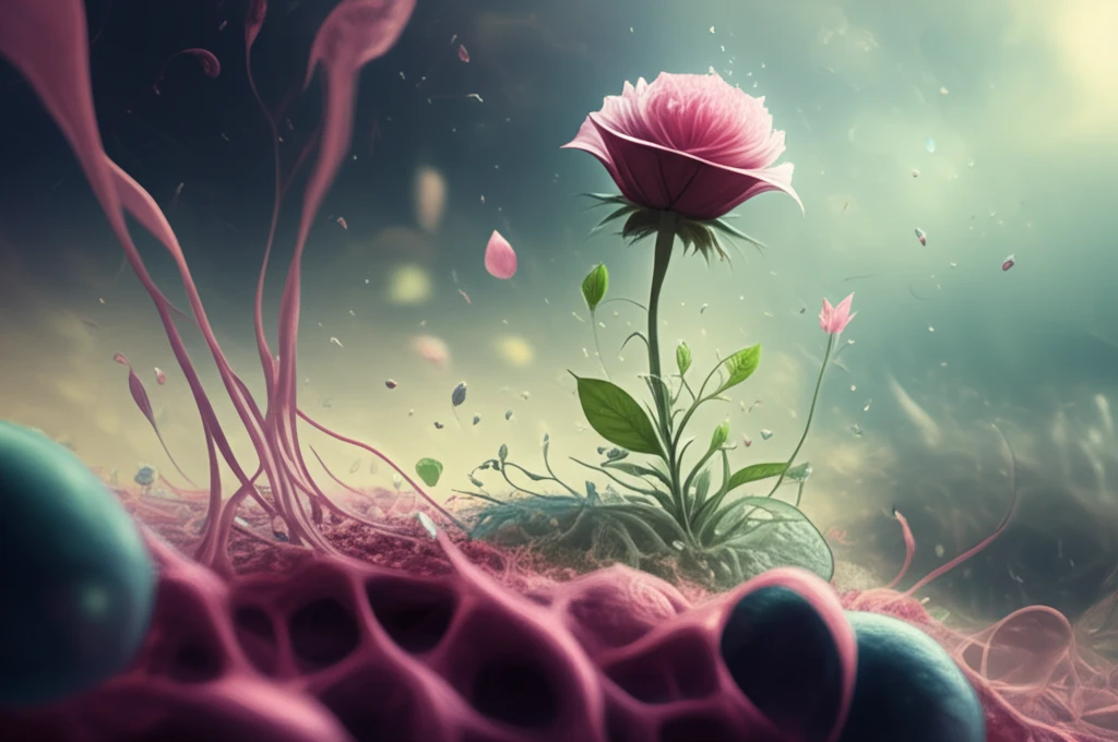 Delicate flower growing through microscopic mesh, symbolizing early detection of microinvasive breast cancer.