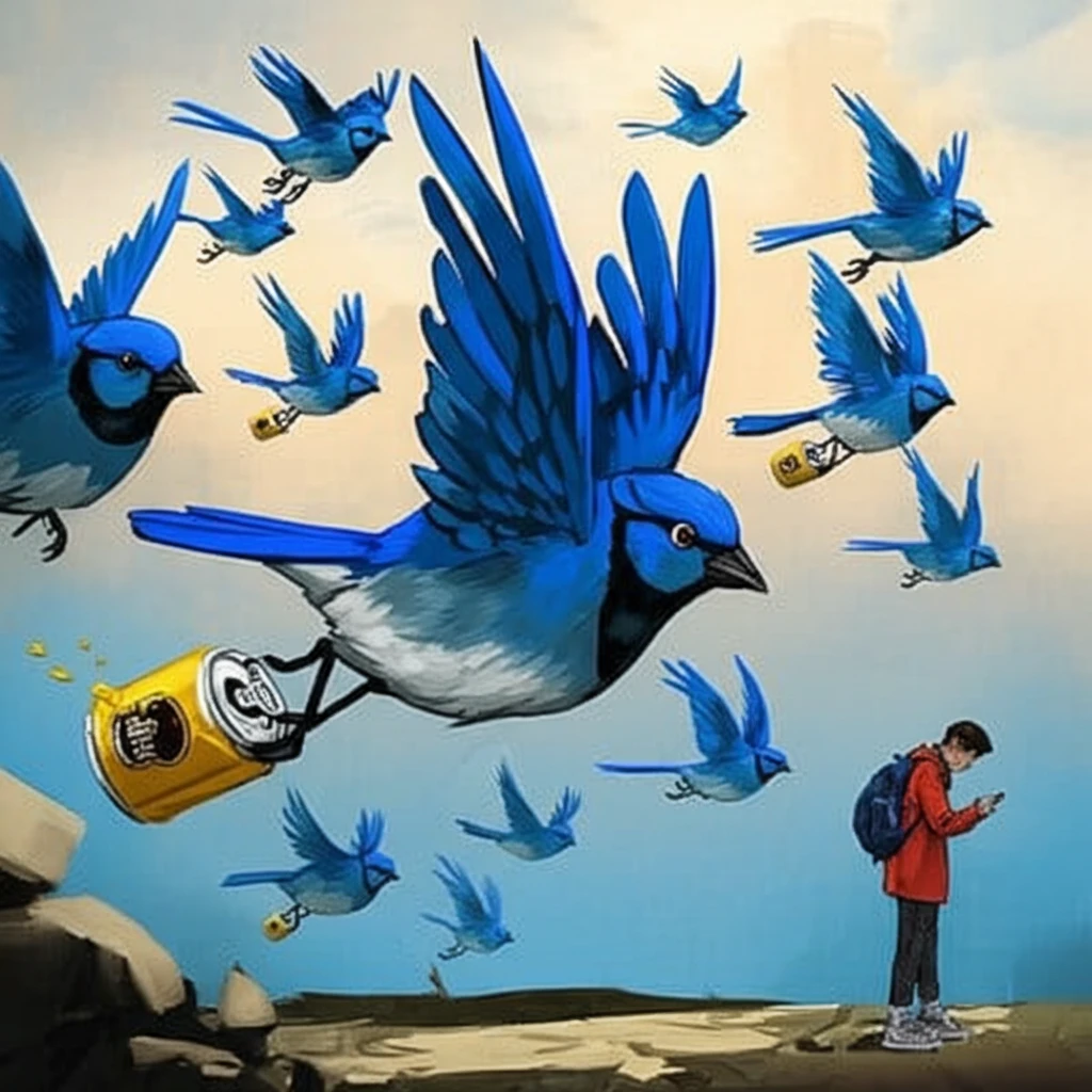 A surreal illustration symbolizing the influence of alcohol advertising on social media, depicting a bluebird with a beer can flying towards a teenager on their phone.