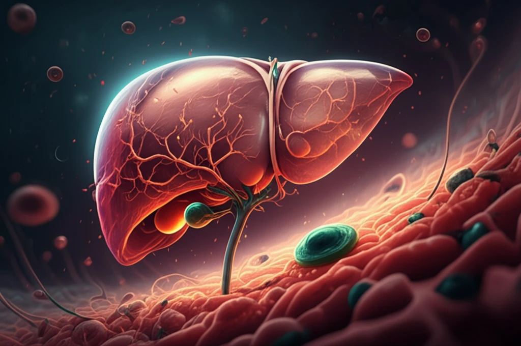 Illustration of liver regeneration with glowing stem cells