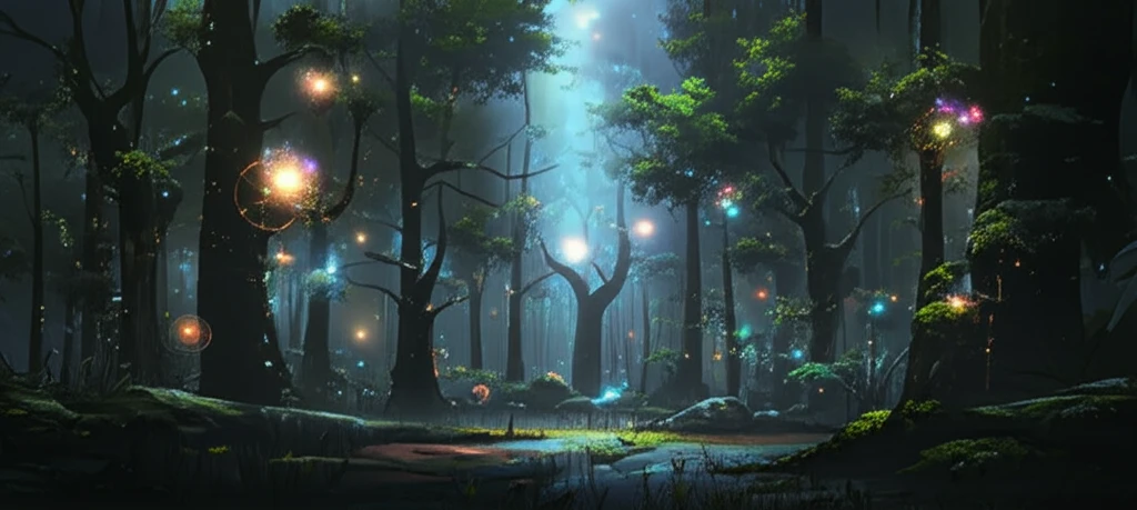 Surreal forest with glowing decision trees and fuzzy data orbs.