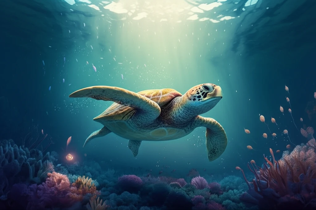 A surreal illustration of a sea turtle swimming in an ocean filled with glowing parasites, representing the unseen threat of spirorchiidiasis.