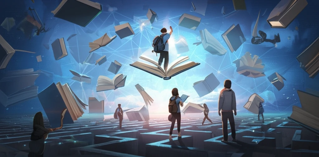 Diverse students navigate a book labyrinth, symbolizing complex school experiences.