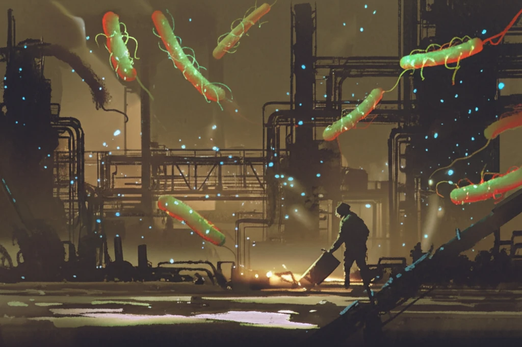 Glowing bacteria cleaning up pollution.