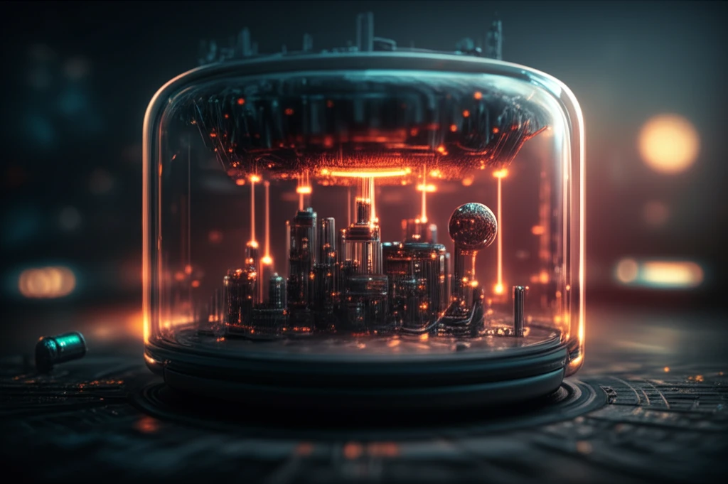 Futuristic cityscape within a silica microcavity, illuminated by light controlled by nanoparticles.