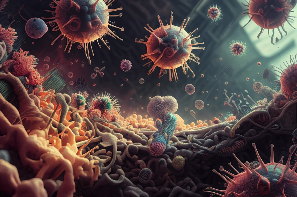 Surreal illustration of molecular mechanisms intercepting virus-like structures.
