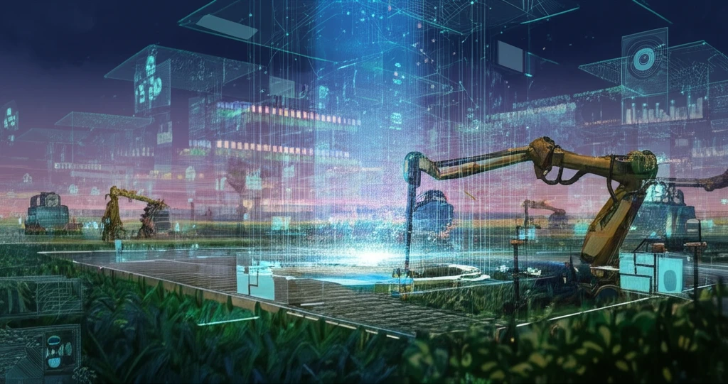 Futuristic farm landscape with robotic harvesters and automated transport vehicles, visualizing integrated planning model.