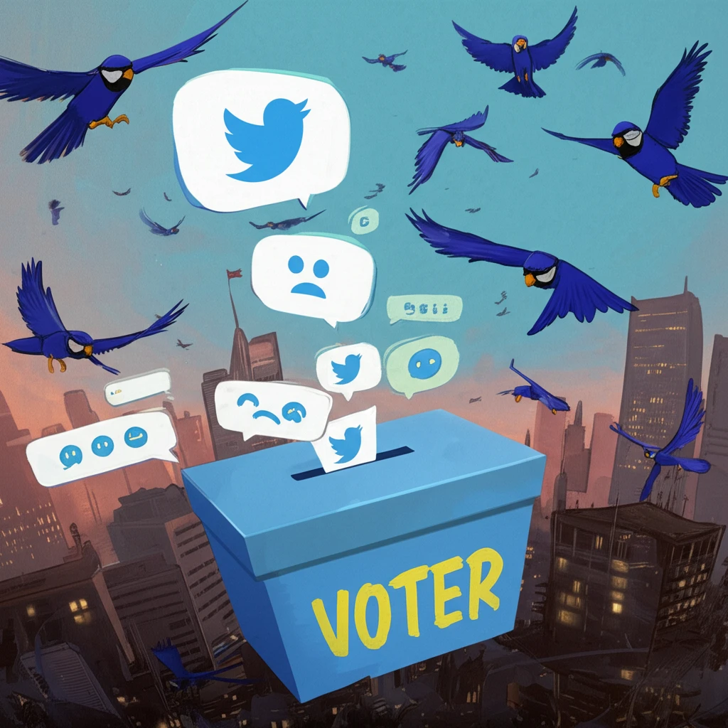 Twitter bluebirds surrounding a ballot box, expressing various emotions.