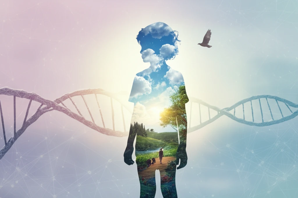 Child's silhouette filled with life experiences overlaid with DNA helix.