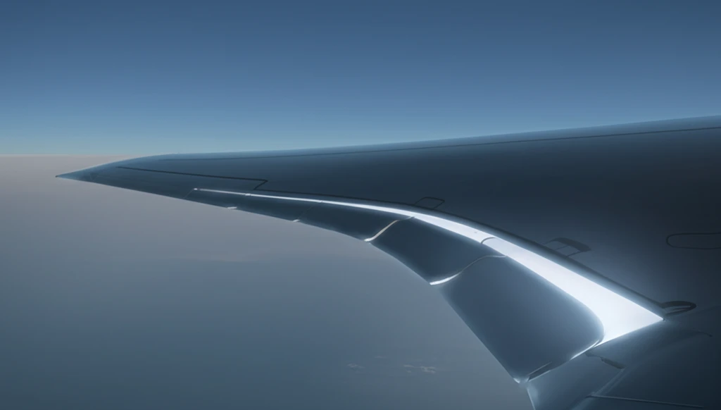 Futuristic aircraft wing with shape-shifting slat-cove filler reducing turbulence and noise.