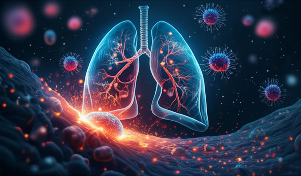 Immune cells attacking lung cancer cells, representing immunotherapy breakthrough.