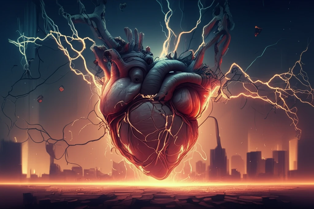 Heart with electrical currents, symbolizing atrial fibrillation and cardioversion.