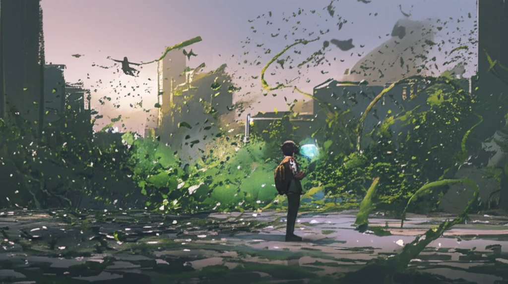 Surreal illustration of polluted cityscape with microscopic particles and green spaces symbolizing clean air solutions.
