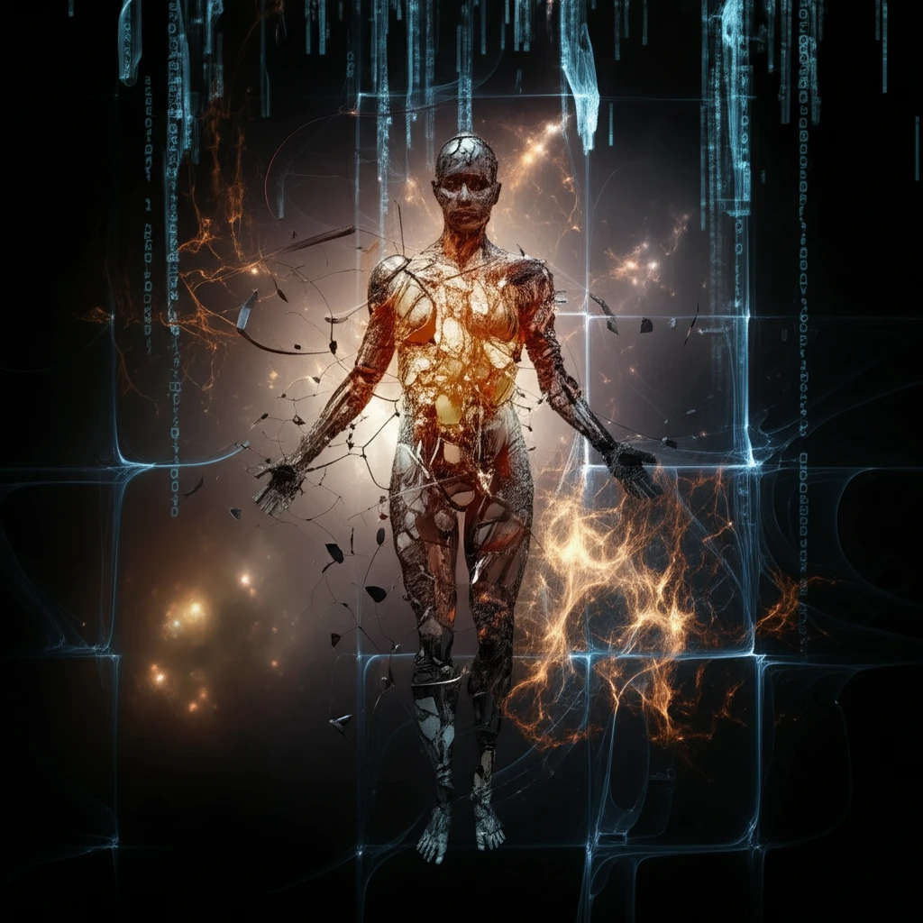 Digital illustration of a healing human figure surrounded by data streams and medical symbols representing AI-driven cancer treatment prediction.