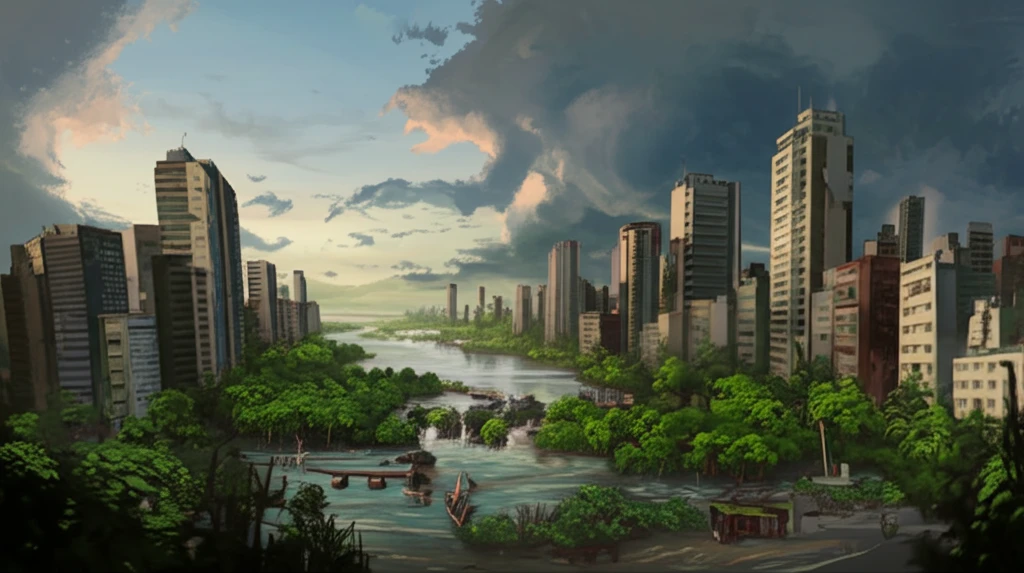 Surreal illustration of Santos, Brazil, adapting to climate change.