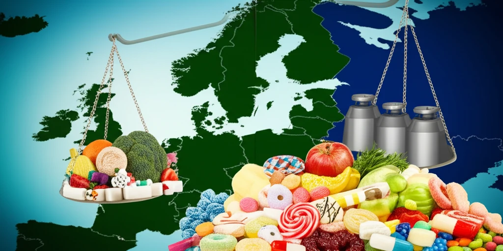 Scales balancing healthy foods against sugary treats, symbolizing the impact of public health policies on obesity and diabetes in Europe.