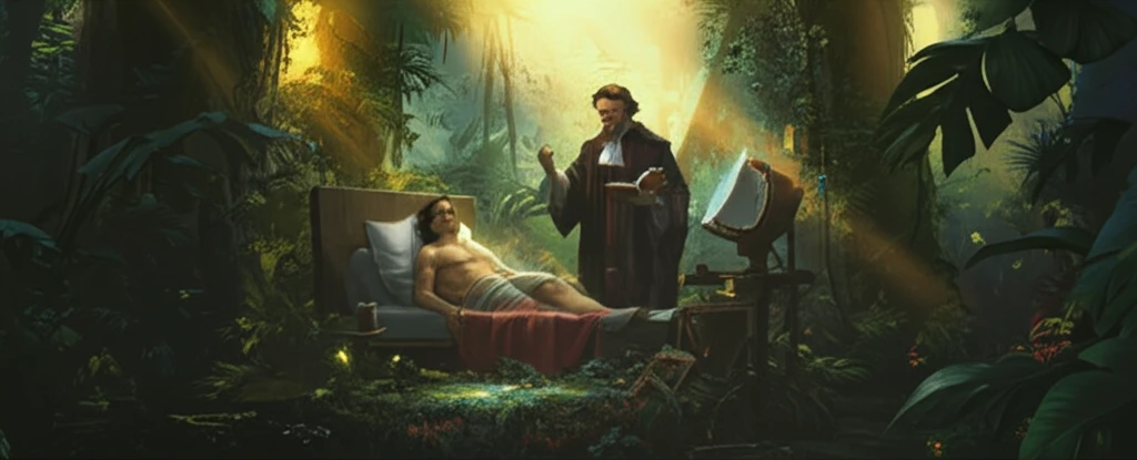 Jesuit missionary tending to an indigenous patient in South America, surrounded by medicinal plants and scientific instruments.